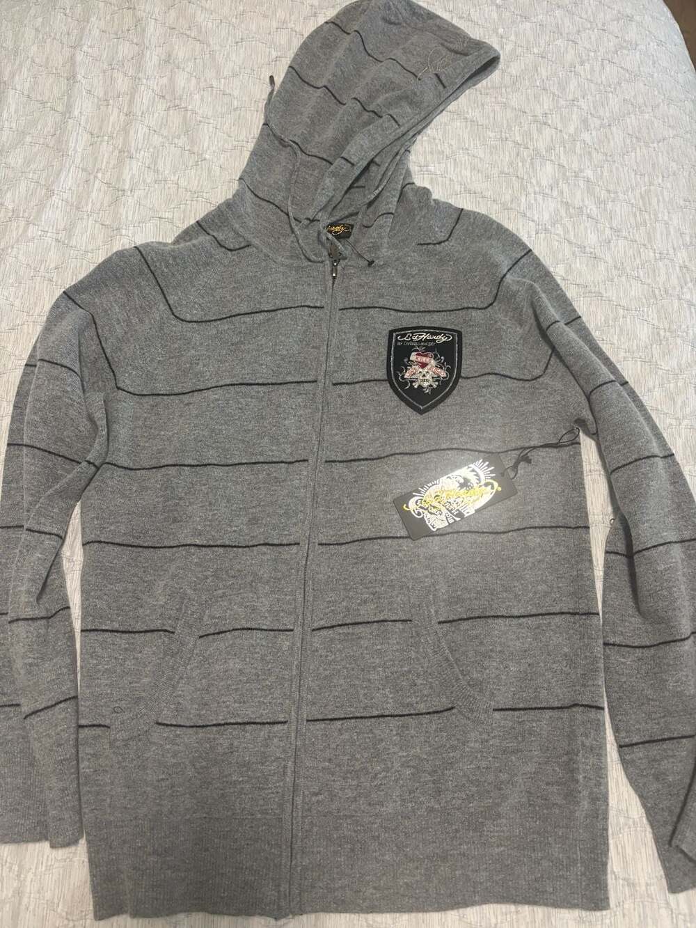 Ed Hardy by Christian Audigier Striped Wool Blend Full-Zip Hoodie Sweater